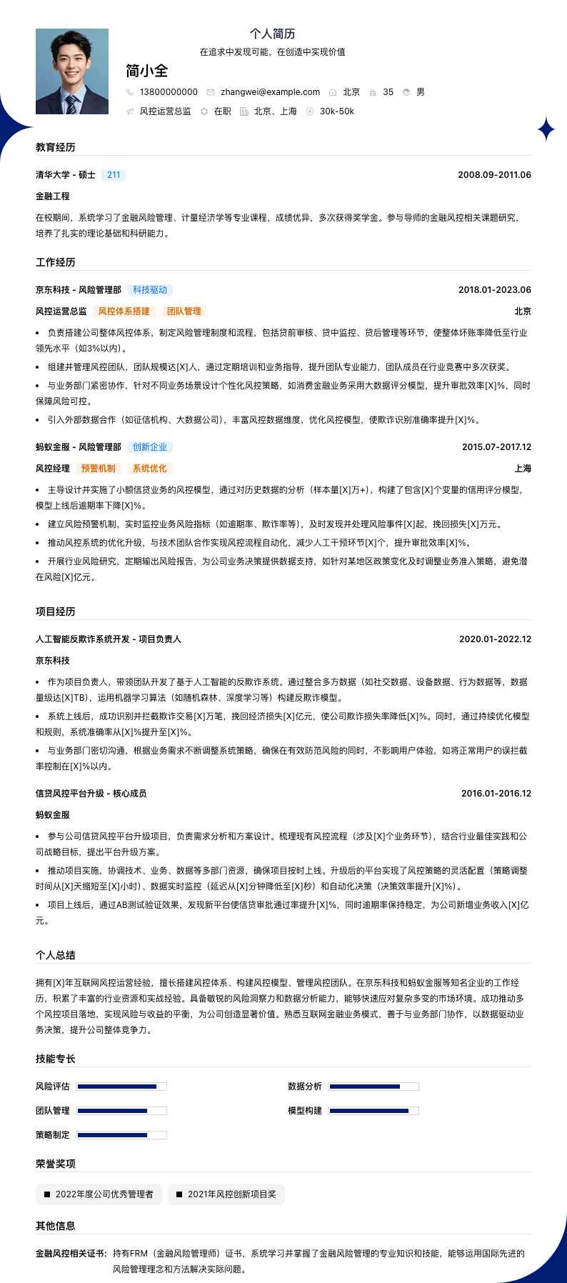 风控运营总监简历模板