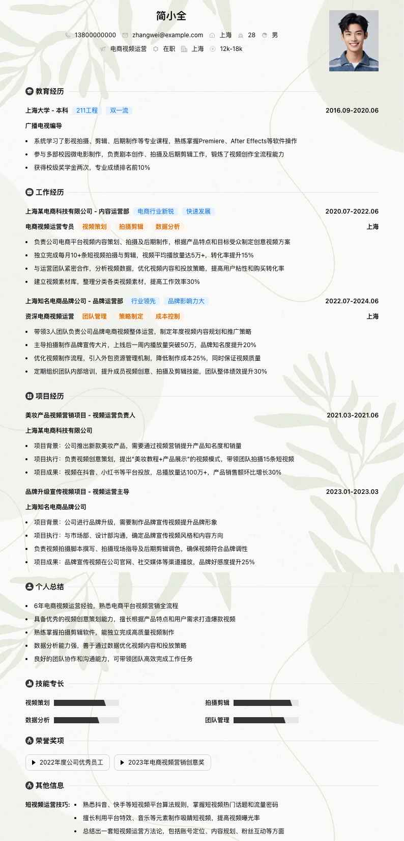 电商视频运营简历模板