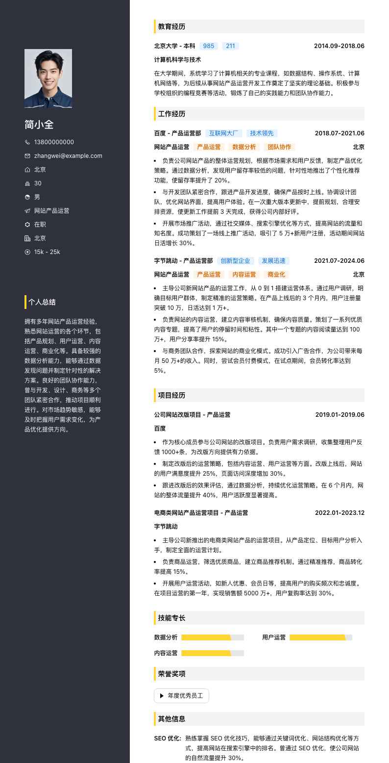 网站产品运营简历模板