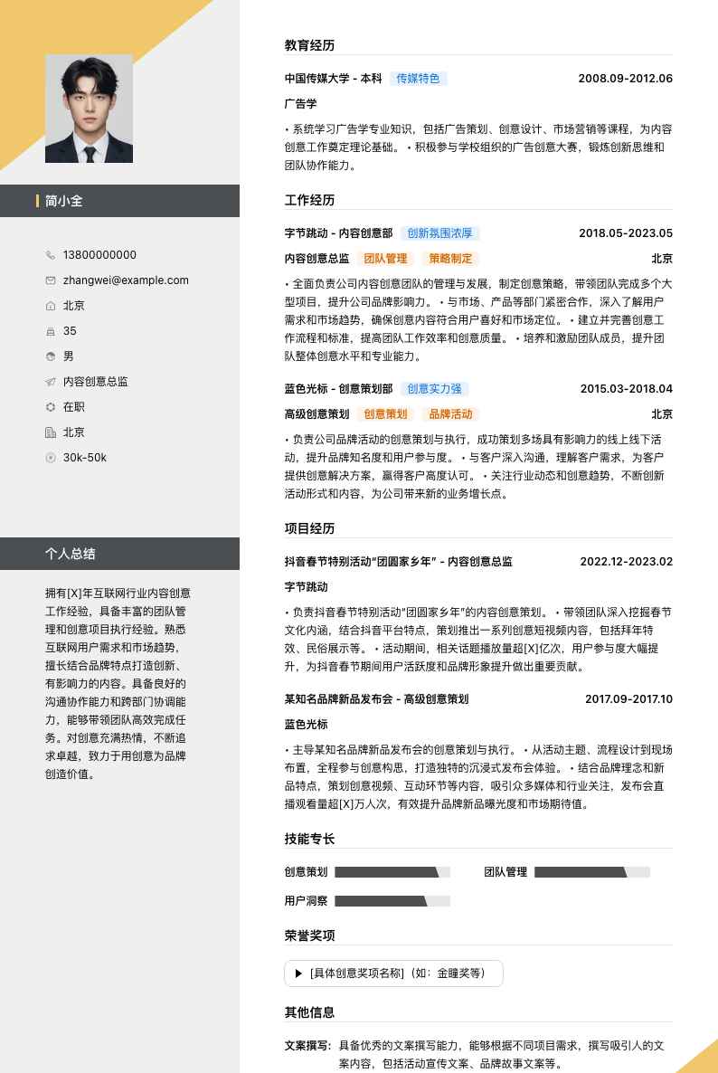 内容创意总监简历模板