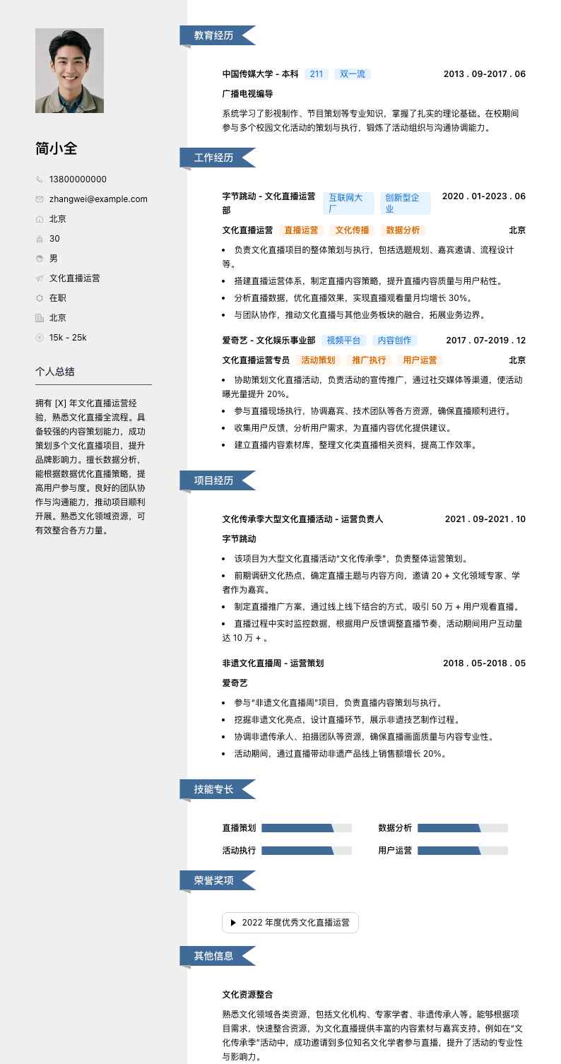 文化直播运营简历模板