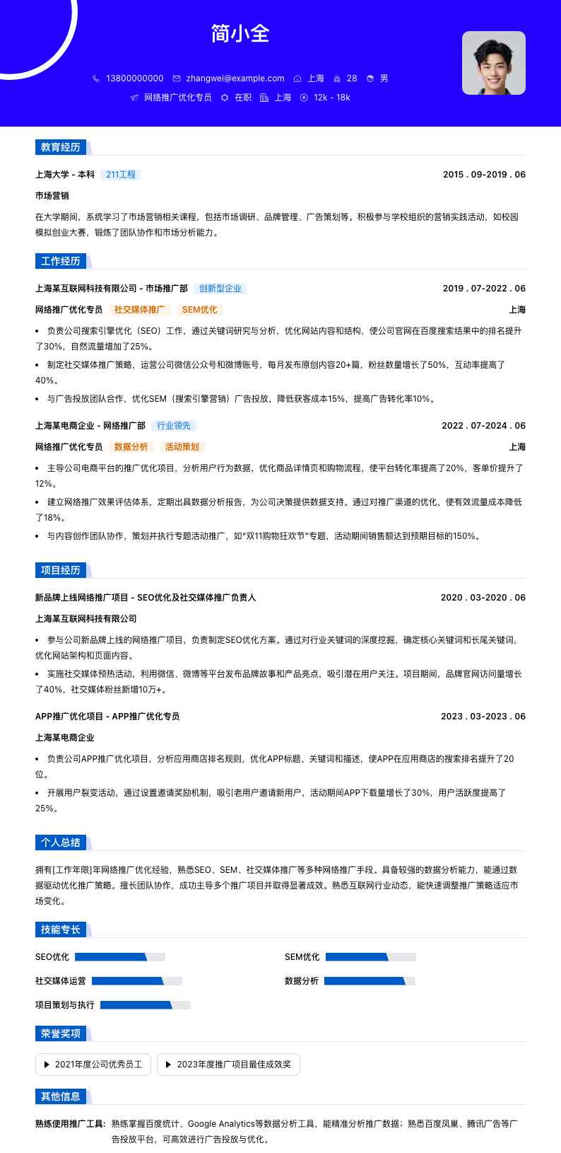 网络推广优化专员简历模板