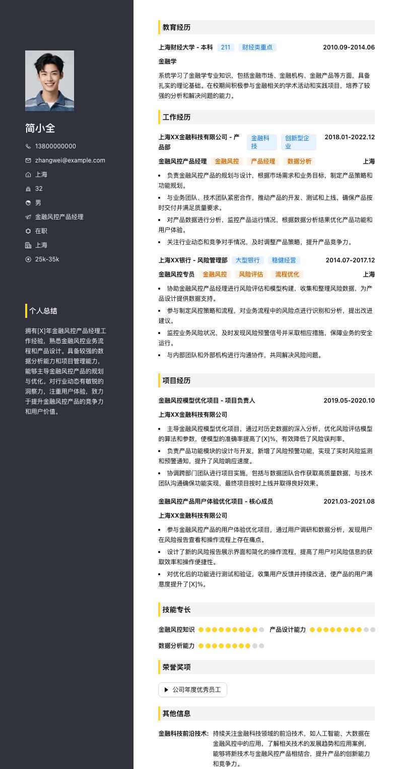 金融风控产品经理简历模板