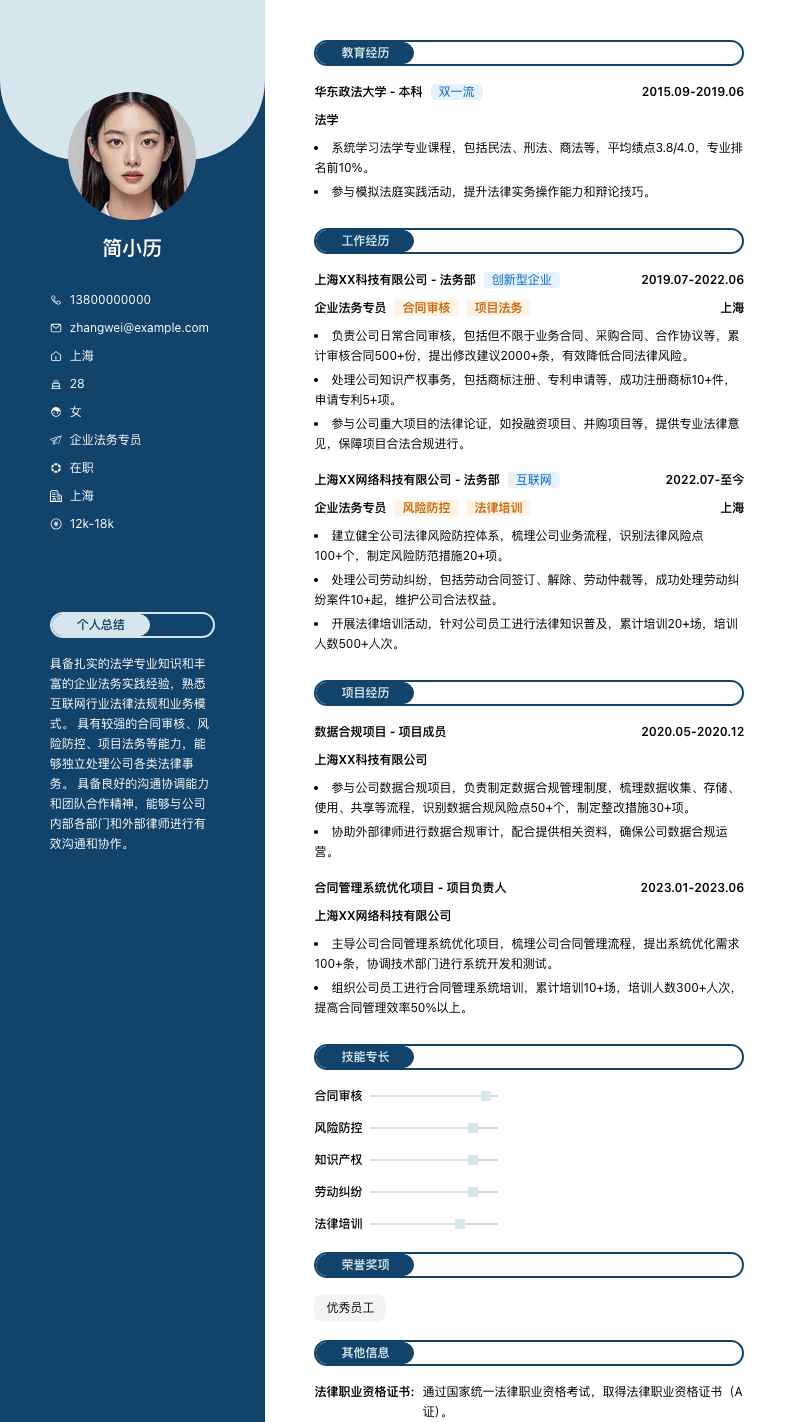 企业法务专员简历模板