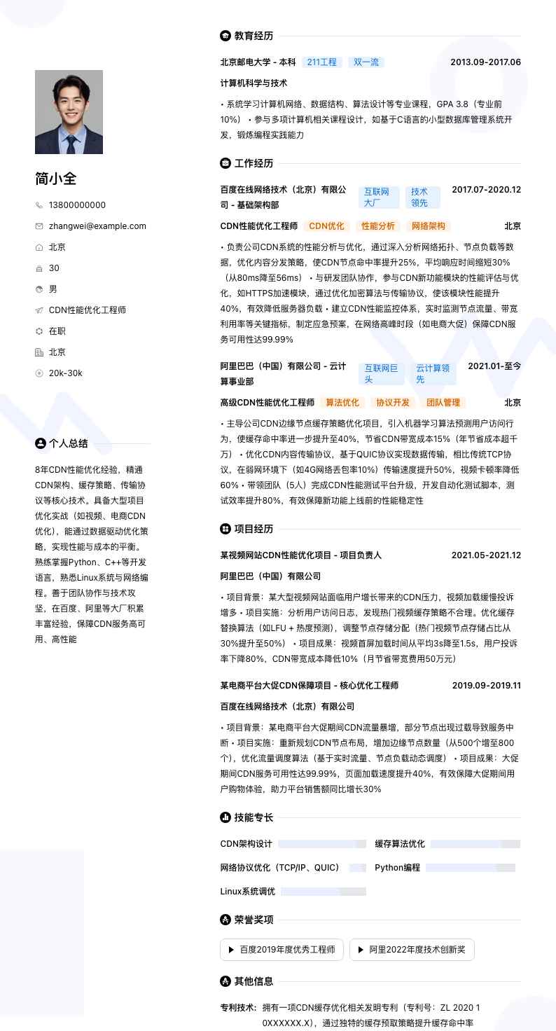 CDN性能优化工程师简历模板