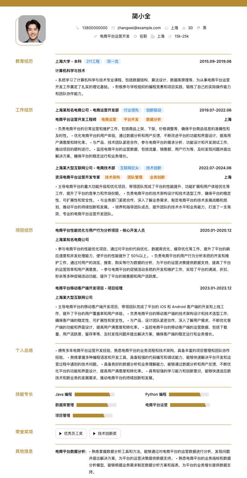 电商平台运营简历模板