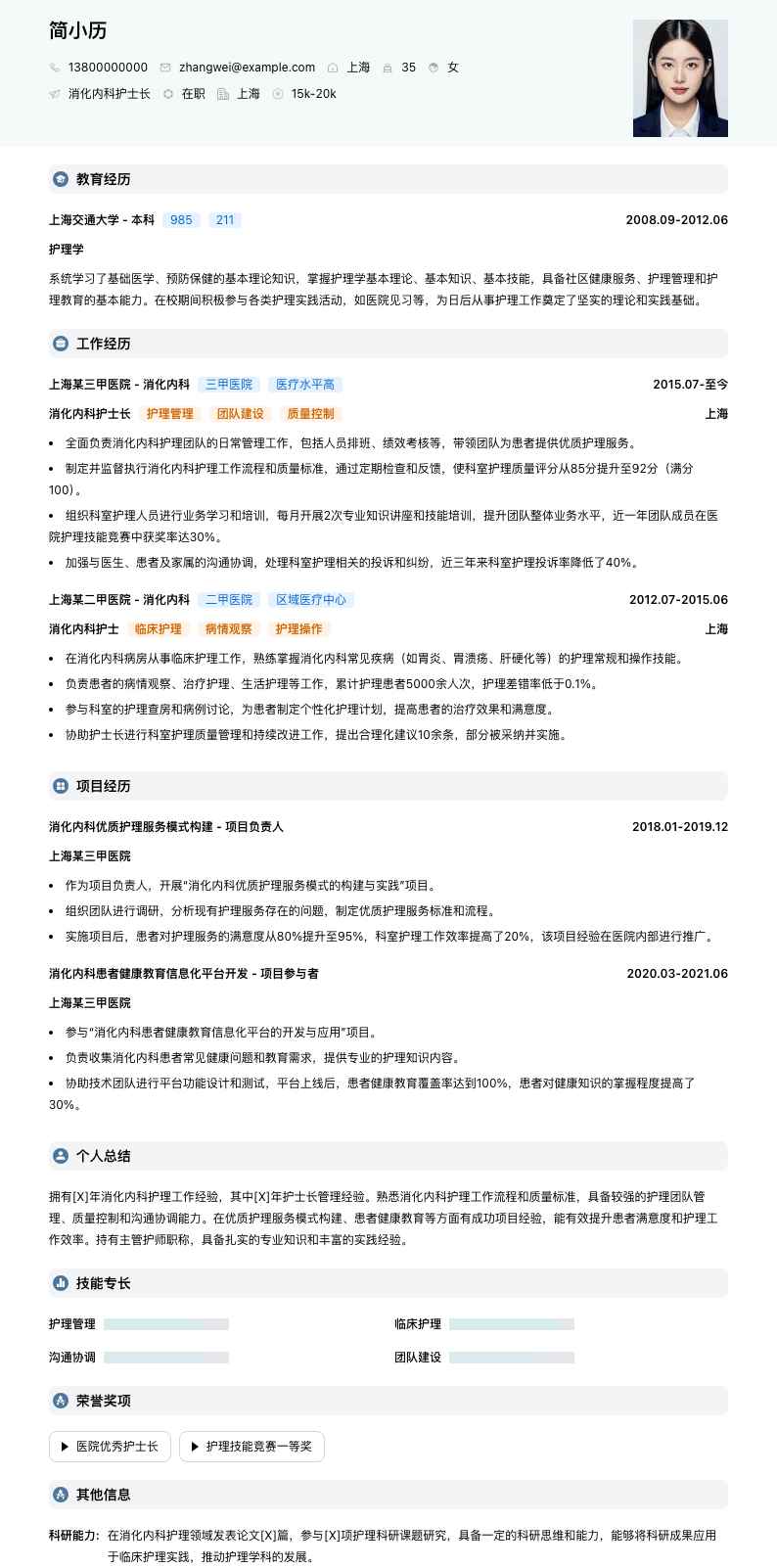 消化内科护士长简历模板