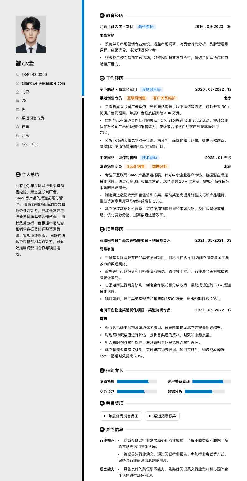 渠道销售专员简历模板