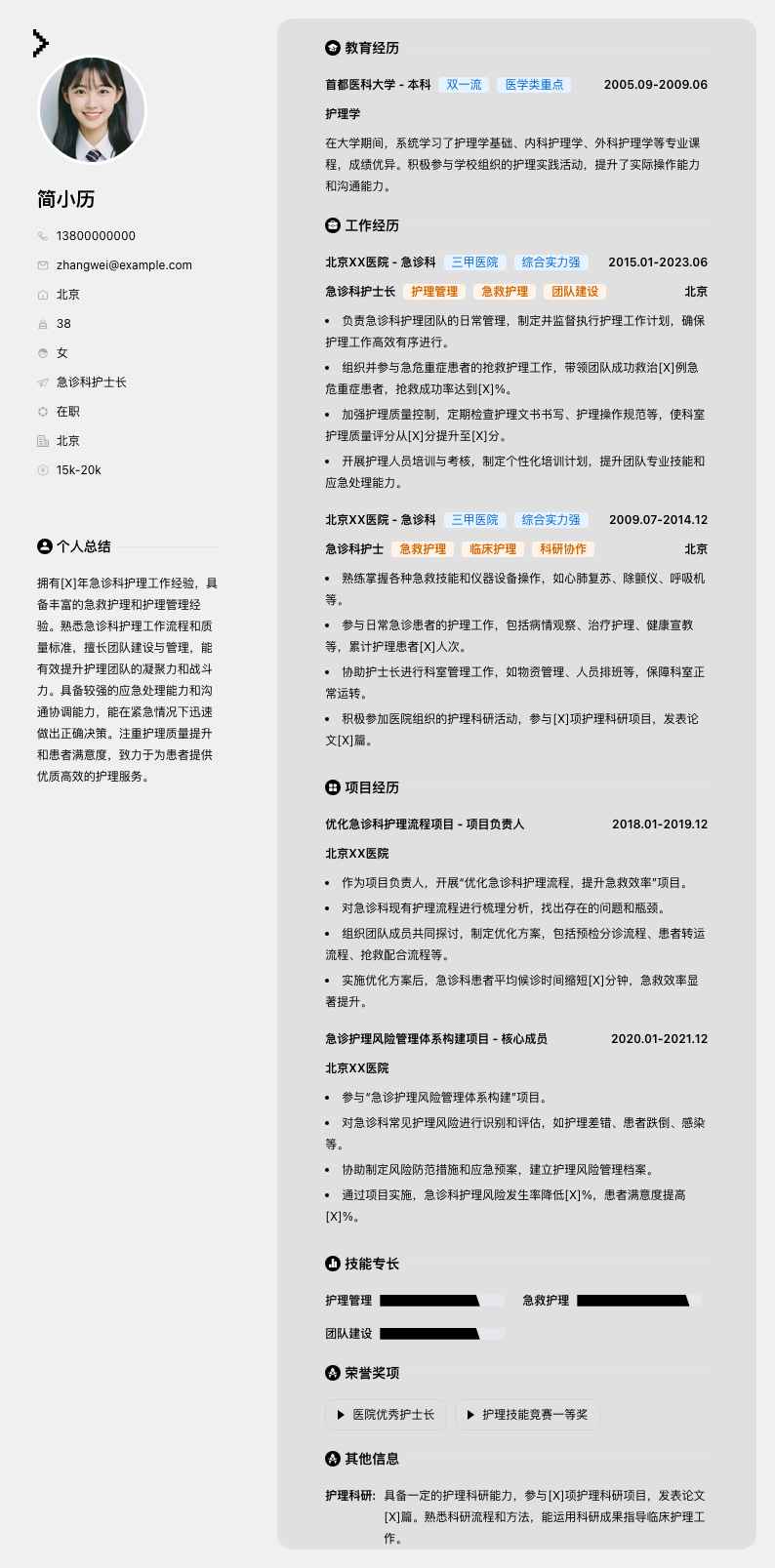 急诊科护士长简历模板