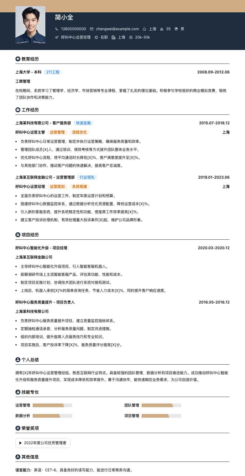 呼叫中心运营经理简历模板