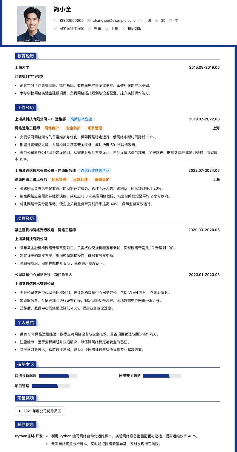 网络运维工程师简历模板