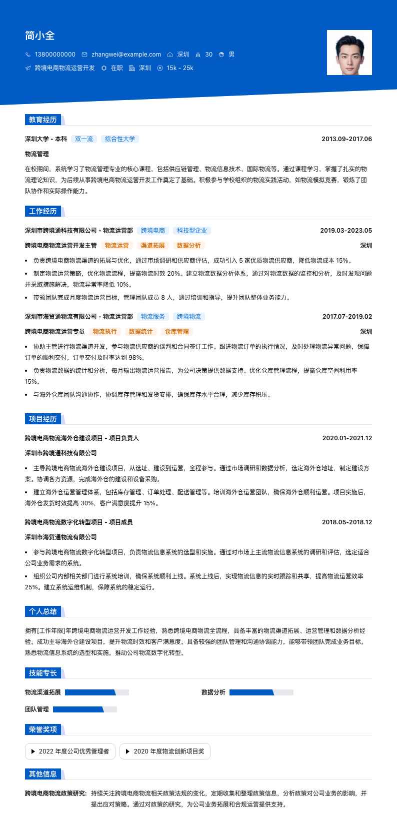 跨境电商物流运营简历模板