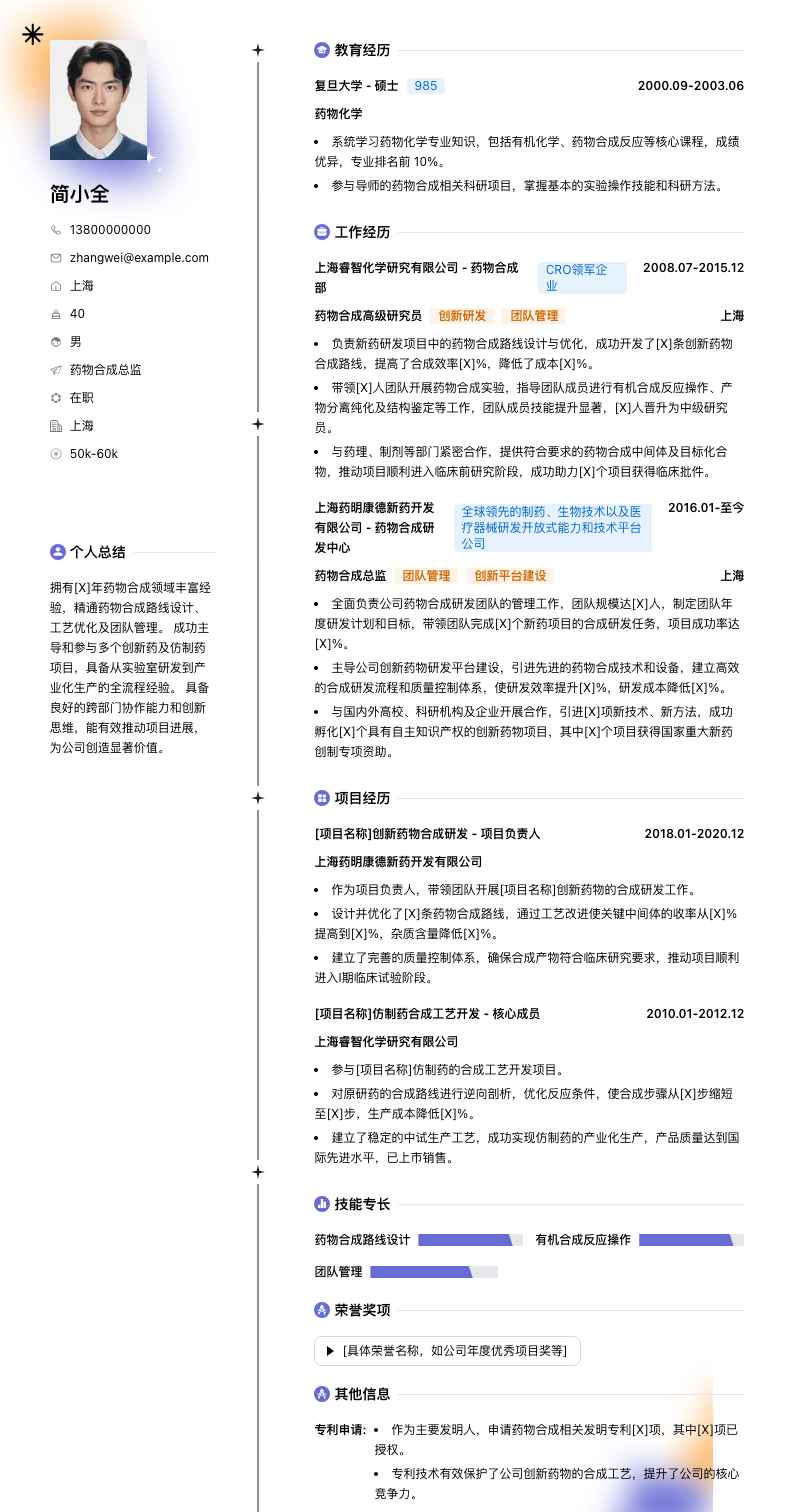 药物合成总监简历模板