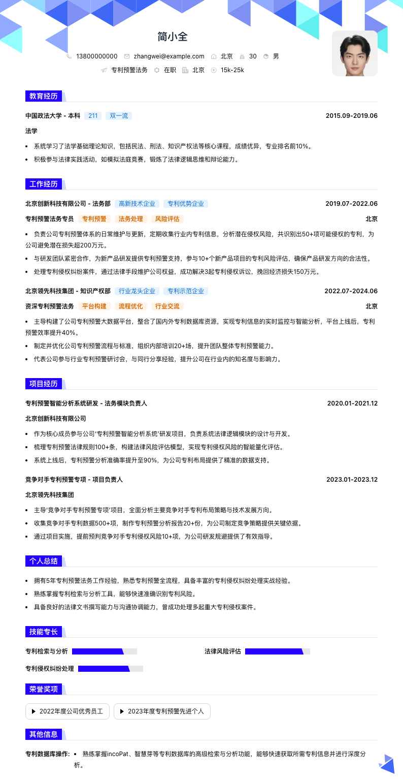 专利预警法务简历模板