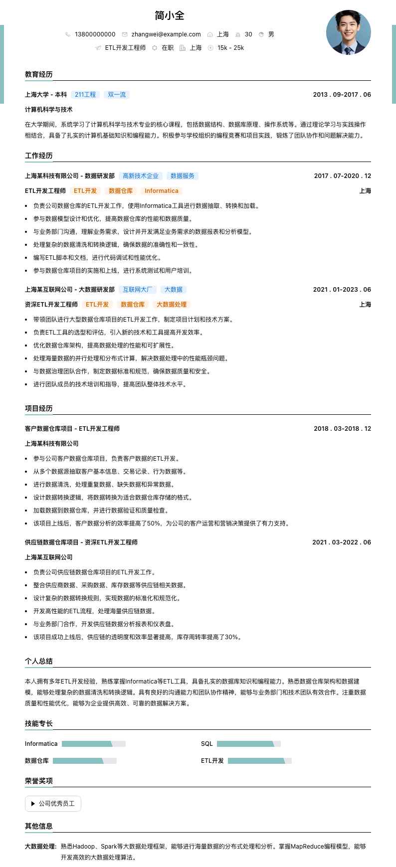 ETL开发工程师简历模板