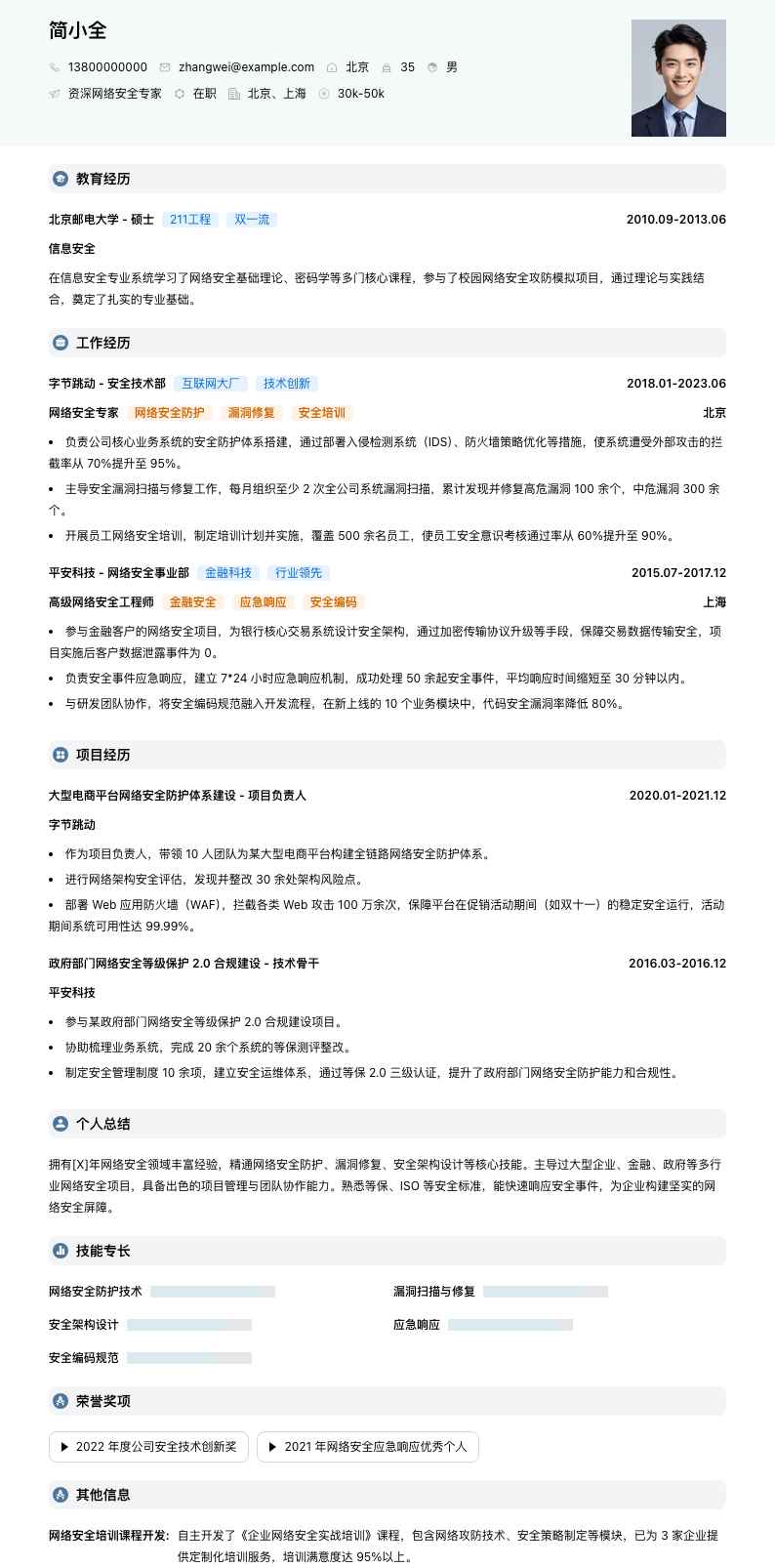 资深网络安全专家简历模板