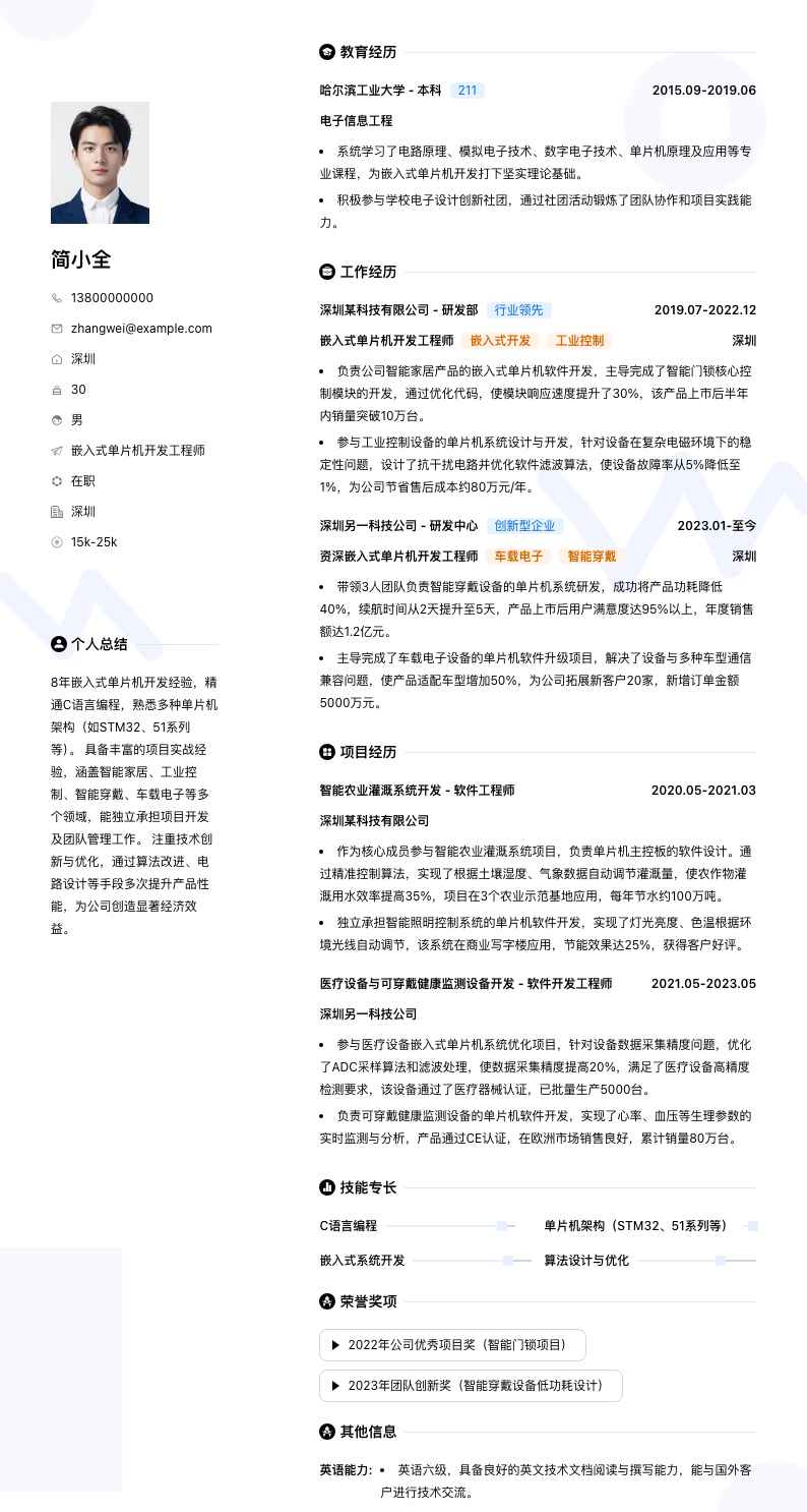 嵌入式单片机开发简历模板