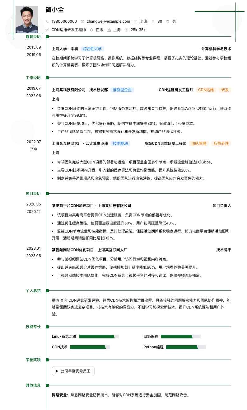 cdn运维研发工程师简历模板
