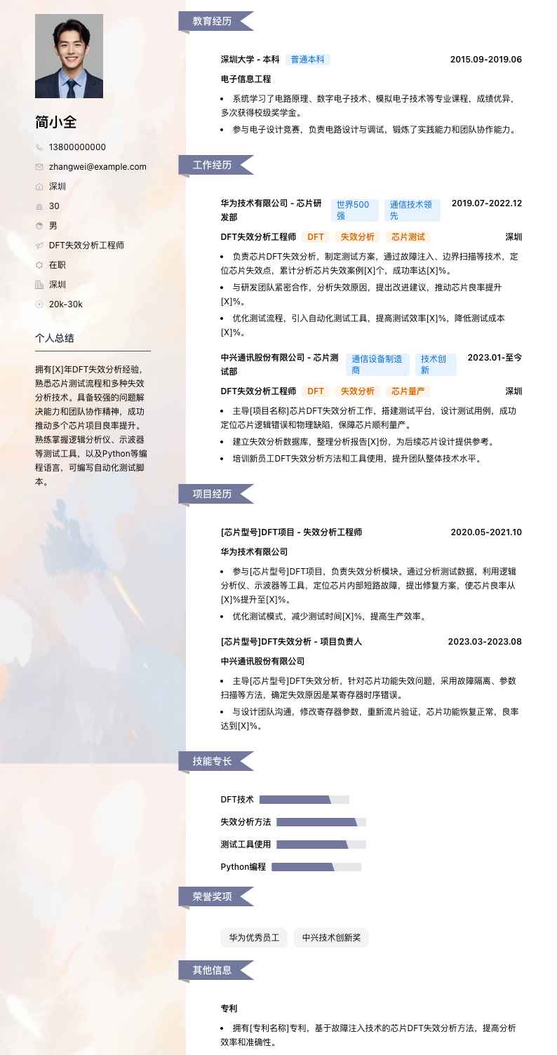 DFT失效分析工程师简历模板