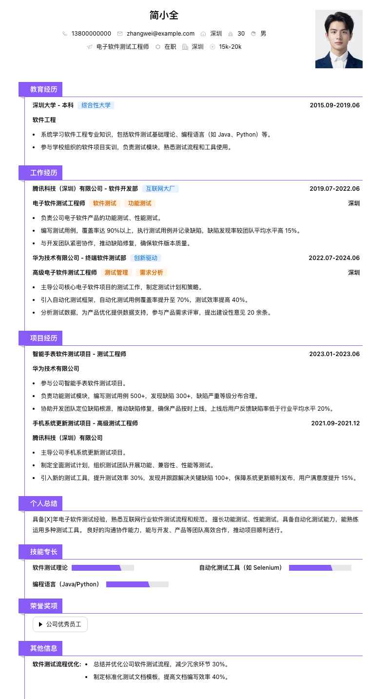 电子软件测试工程师简历模板