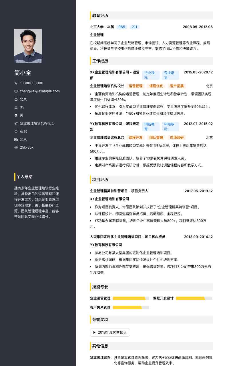 企业管理培训机构校长简历模板