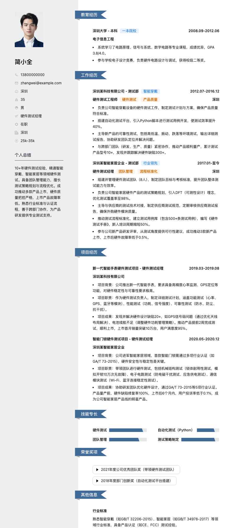 硬件测试经理简历模板