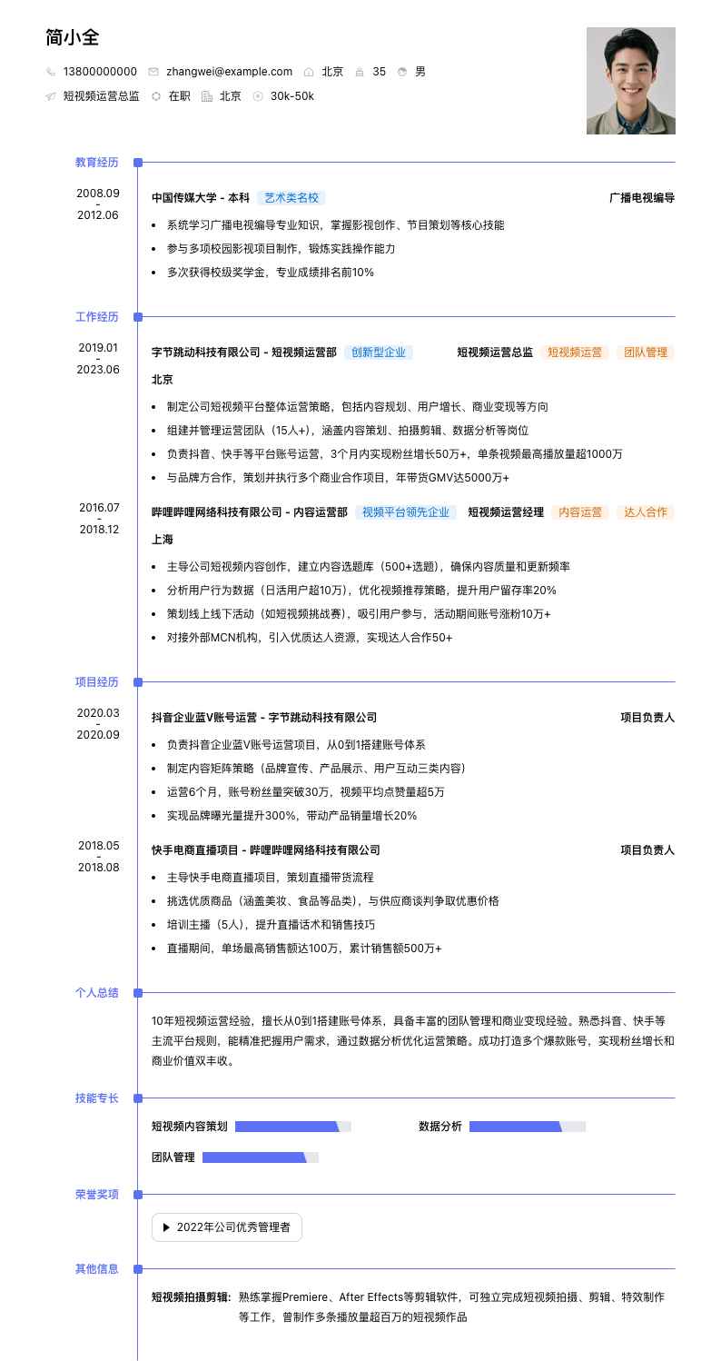 短视频运营总监简历模板