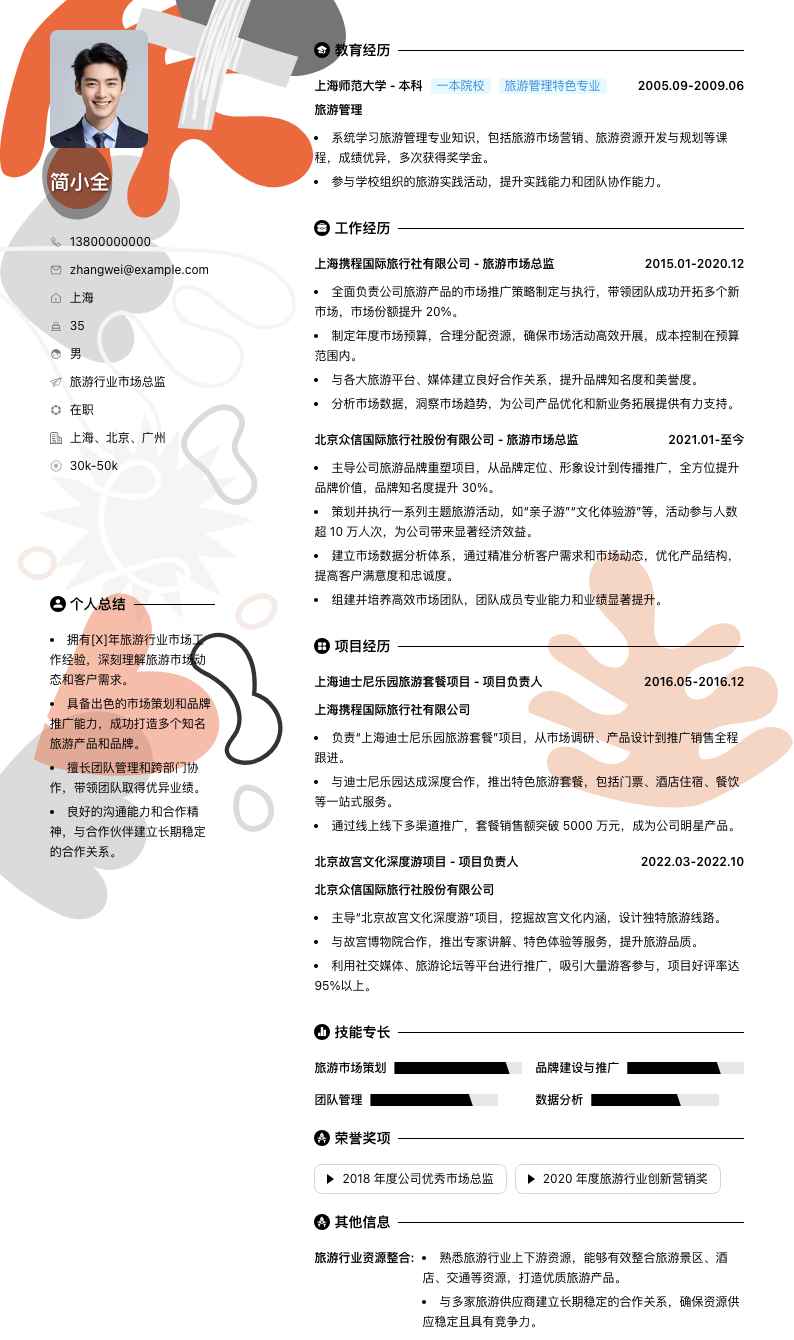 旅游行业市场总监简历模板