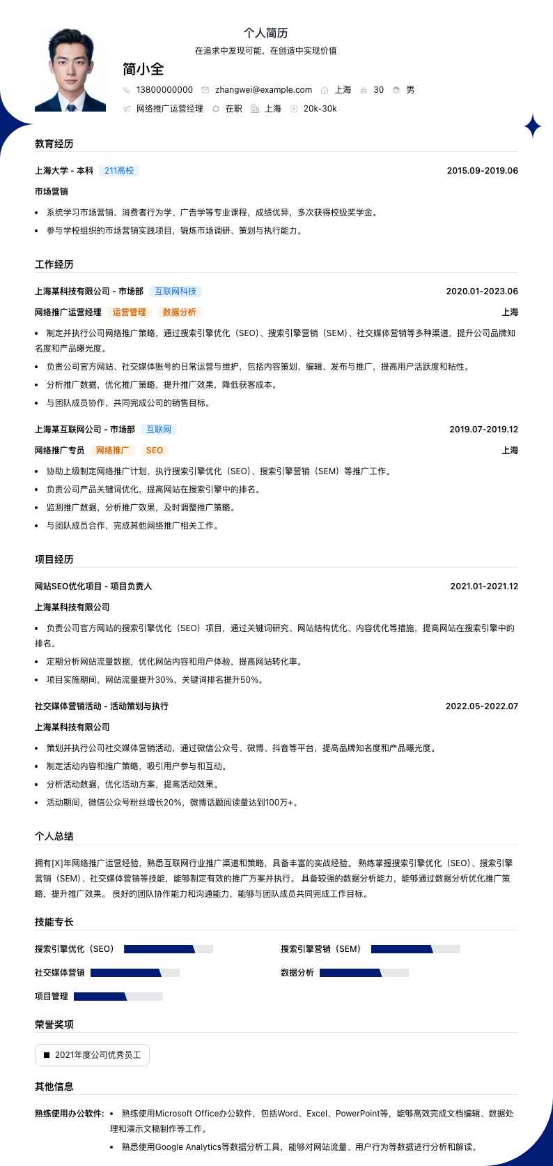 网络推广运营经理简历模板