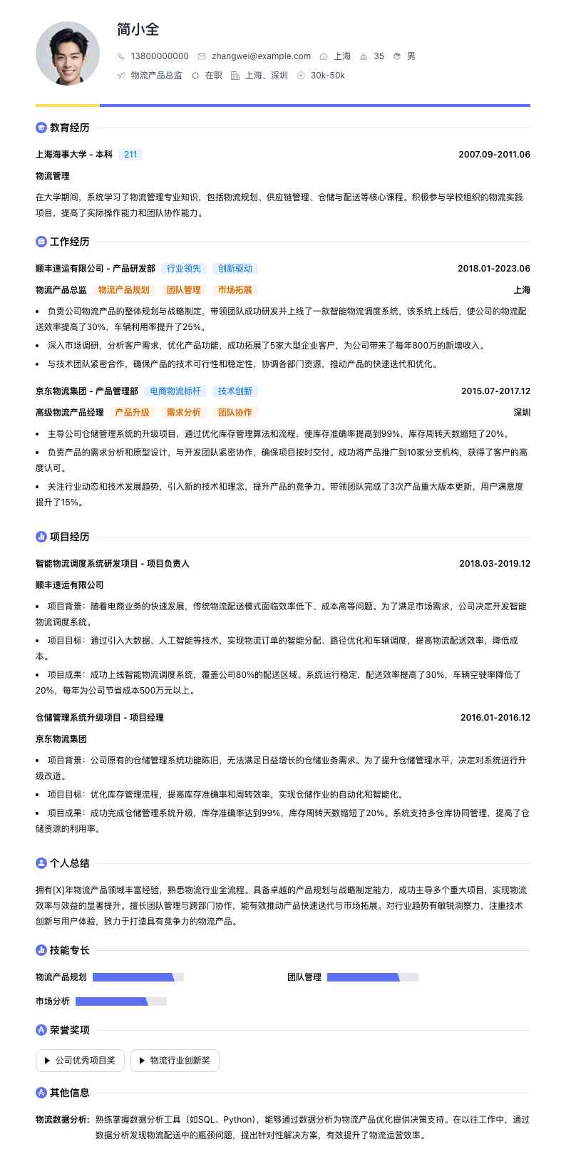 物流产品总监简历模板