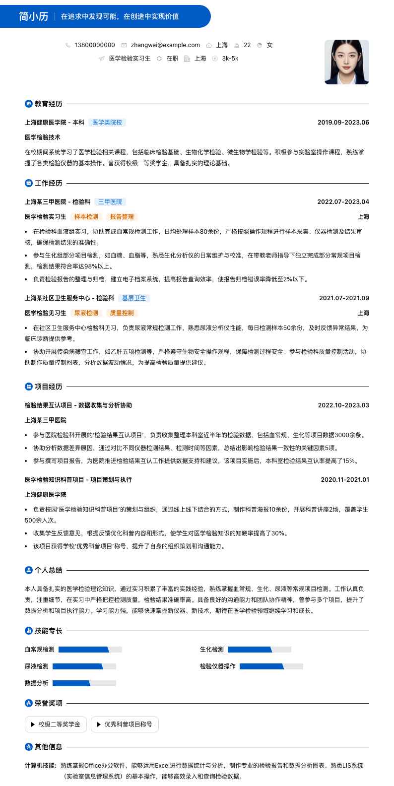 医学检验实习生简历模板