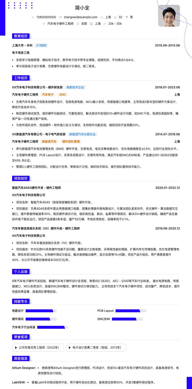 汽车电子硬件工程师简历模板