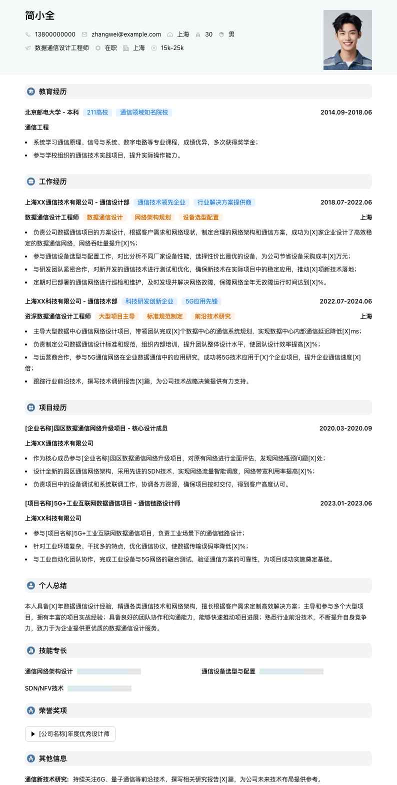 数据通信设计工程师简历模板