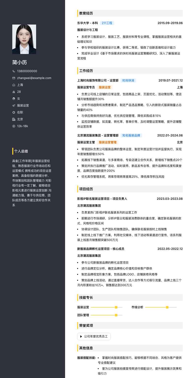 服装运营简历模板