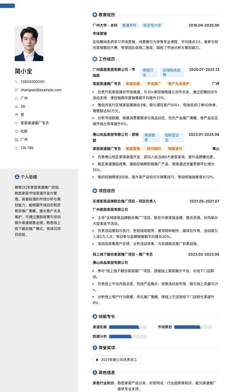 家居渠道推广专员简历模板