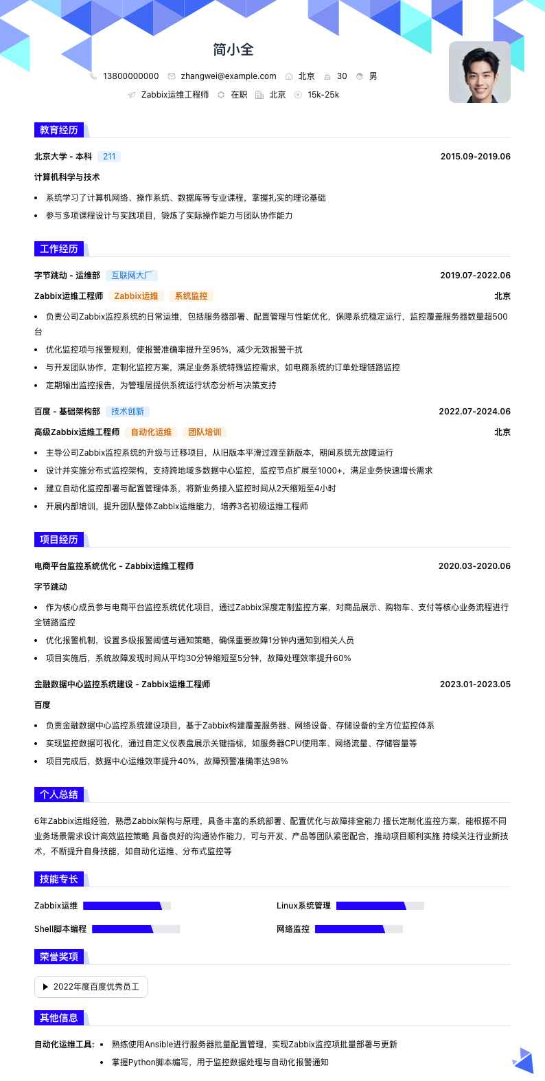 zabbix运维工程师简历模板