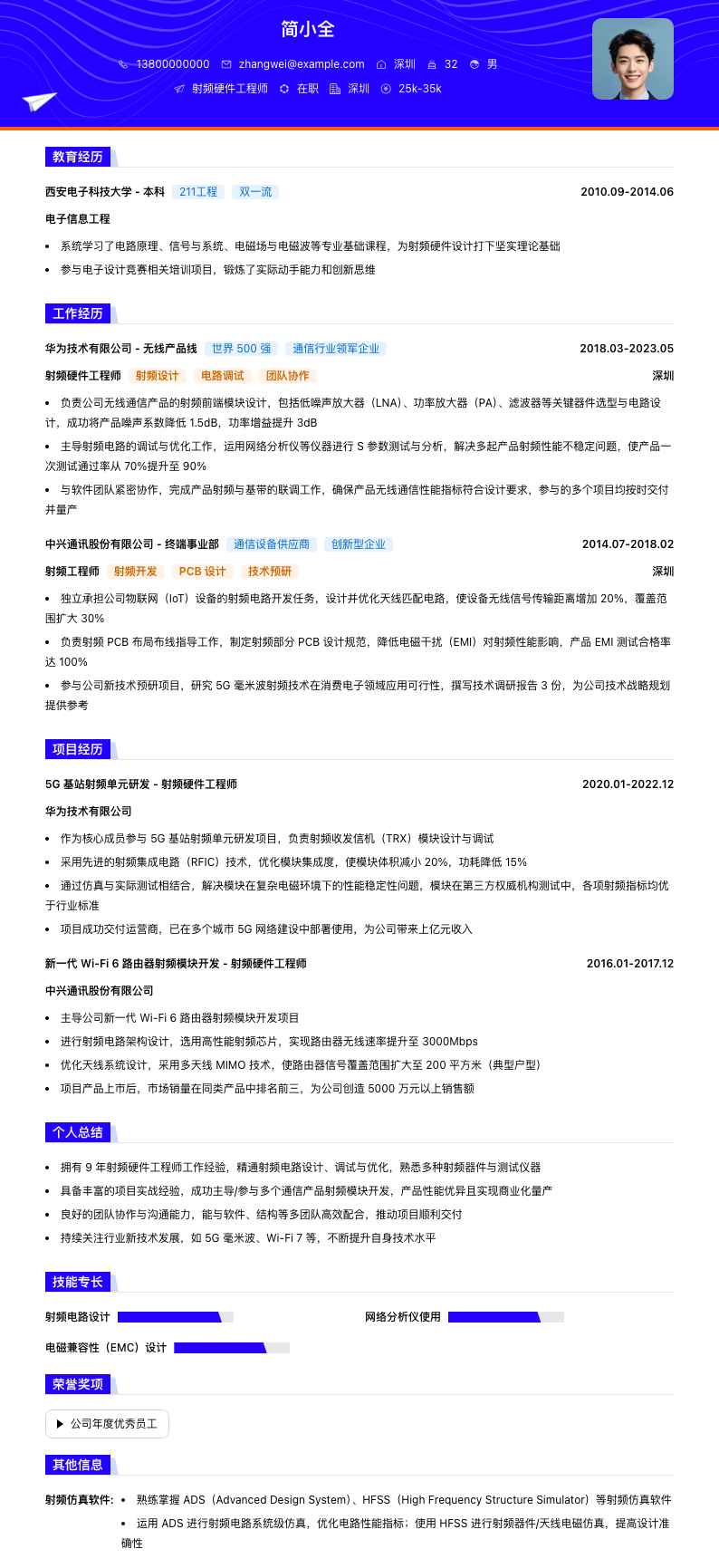 射频硬件工程师简历模板