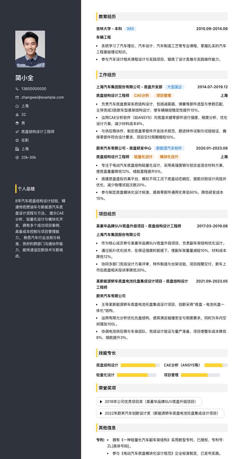 底盘结构设计工程师简历模板