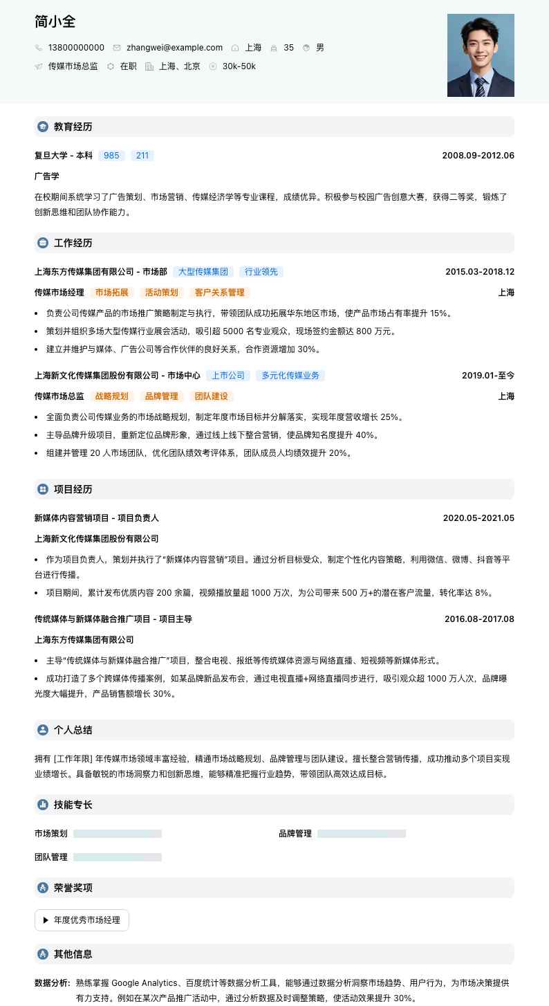 传媒市场总监简历模板