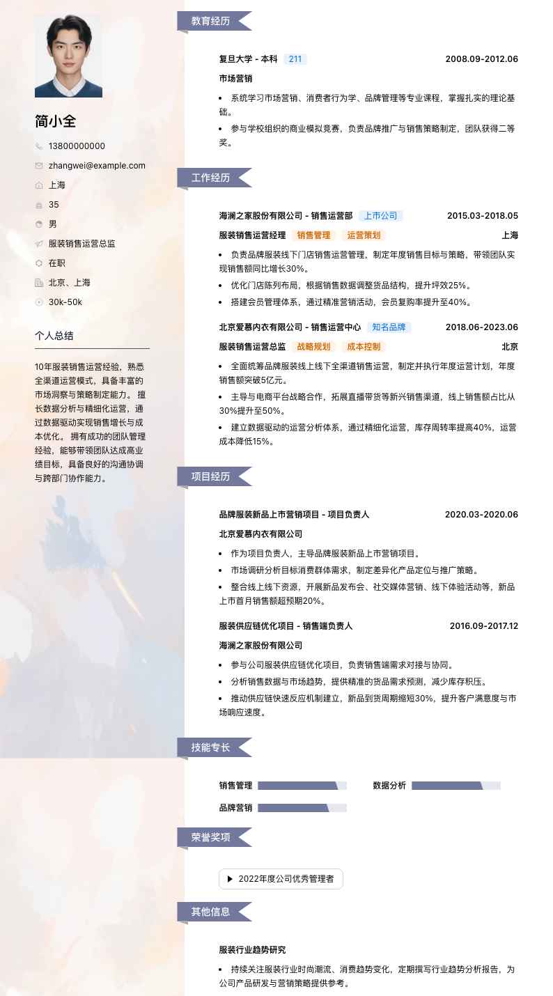 服装销售运营总监简历模板