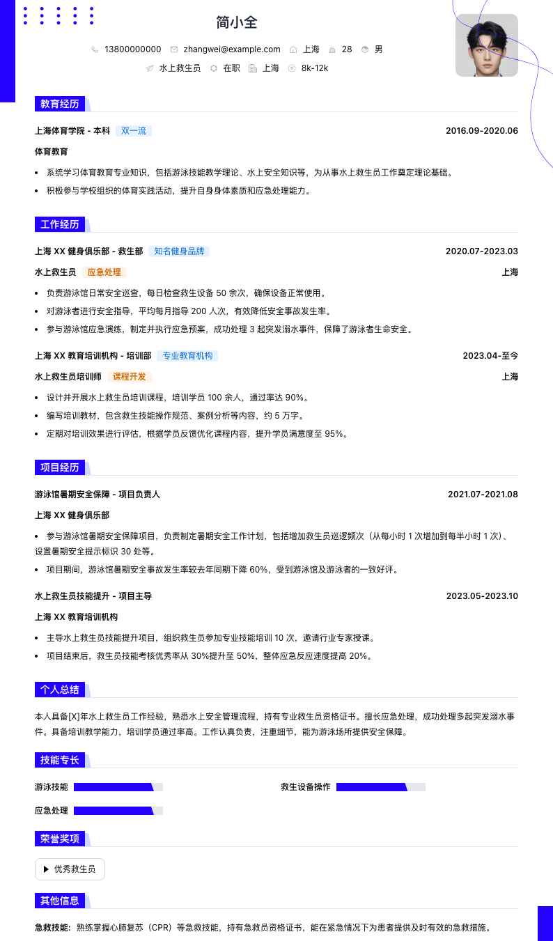 水上救生员简历模板