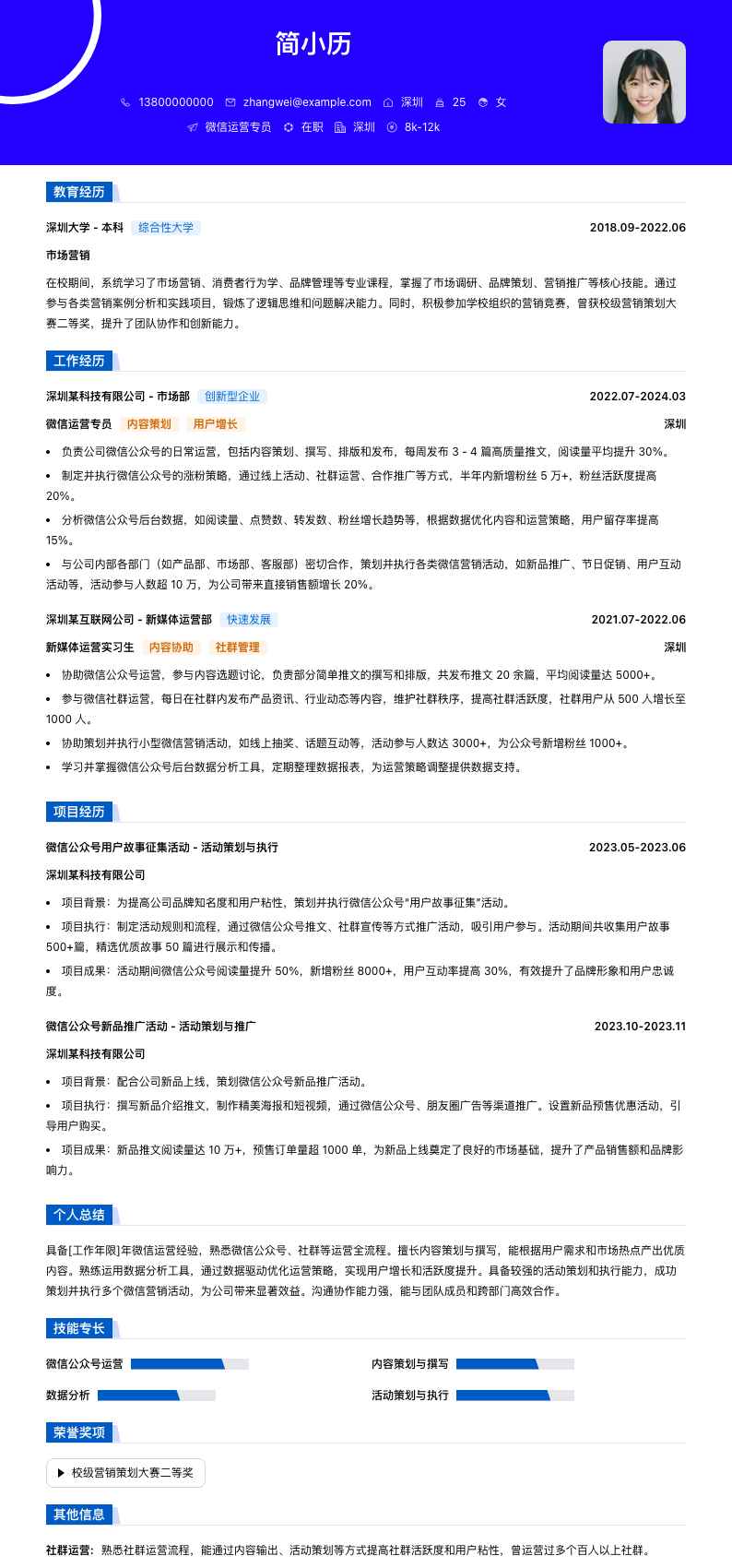 微信运营专员简历模板