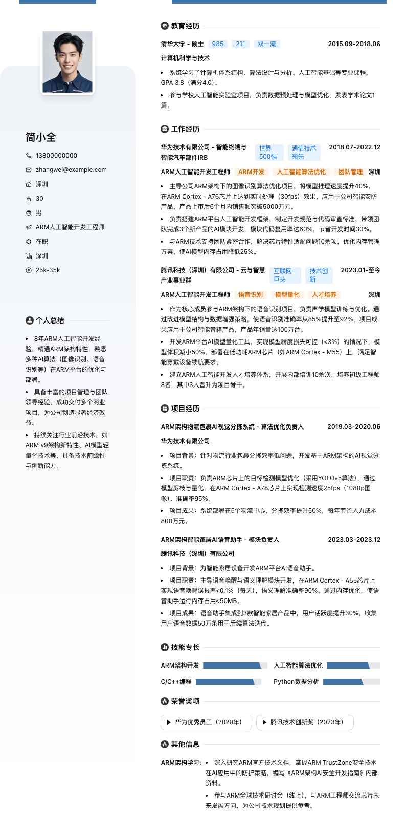 ARM人工智能开发工程师简历模板