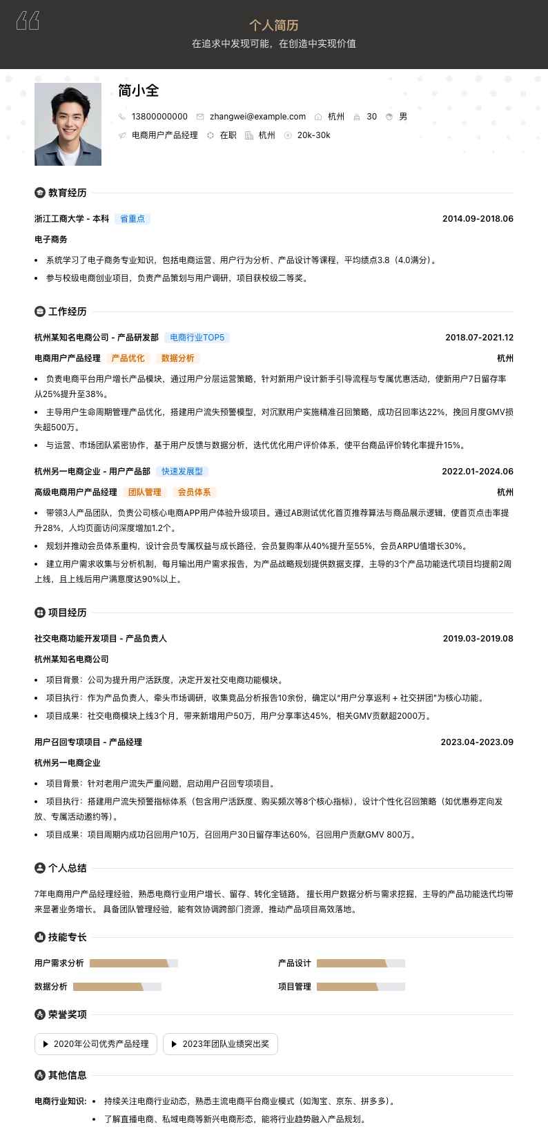 电商用户产品经理简历模板