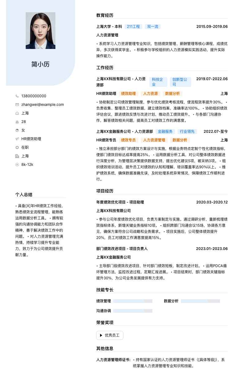 HR绩效助理简历模板