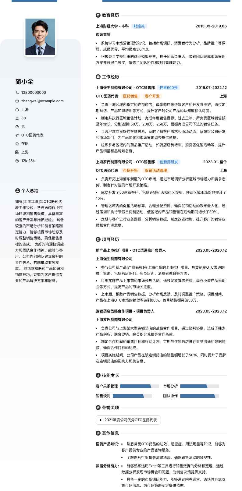 otc医药代表简历模板