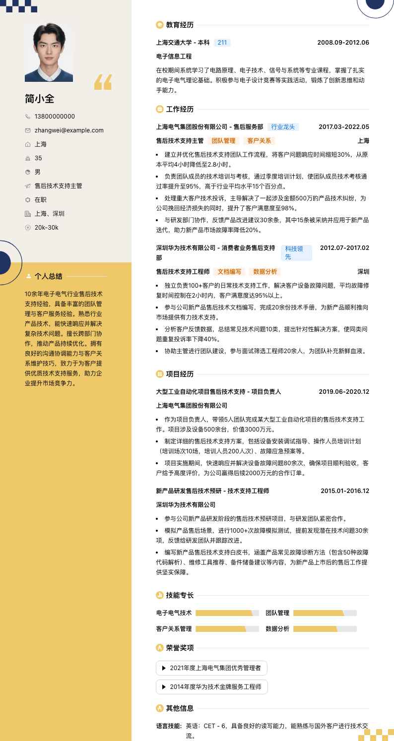 售后技术支持主管简历模板