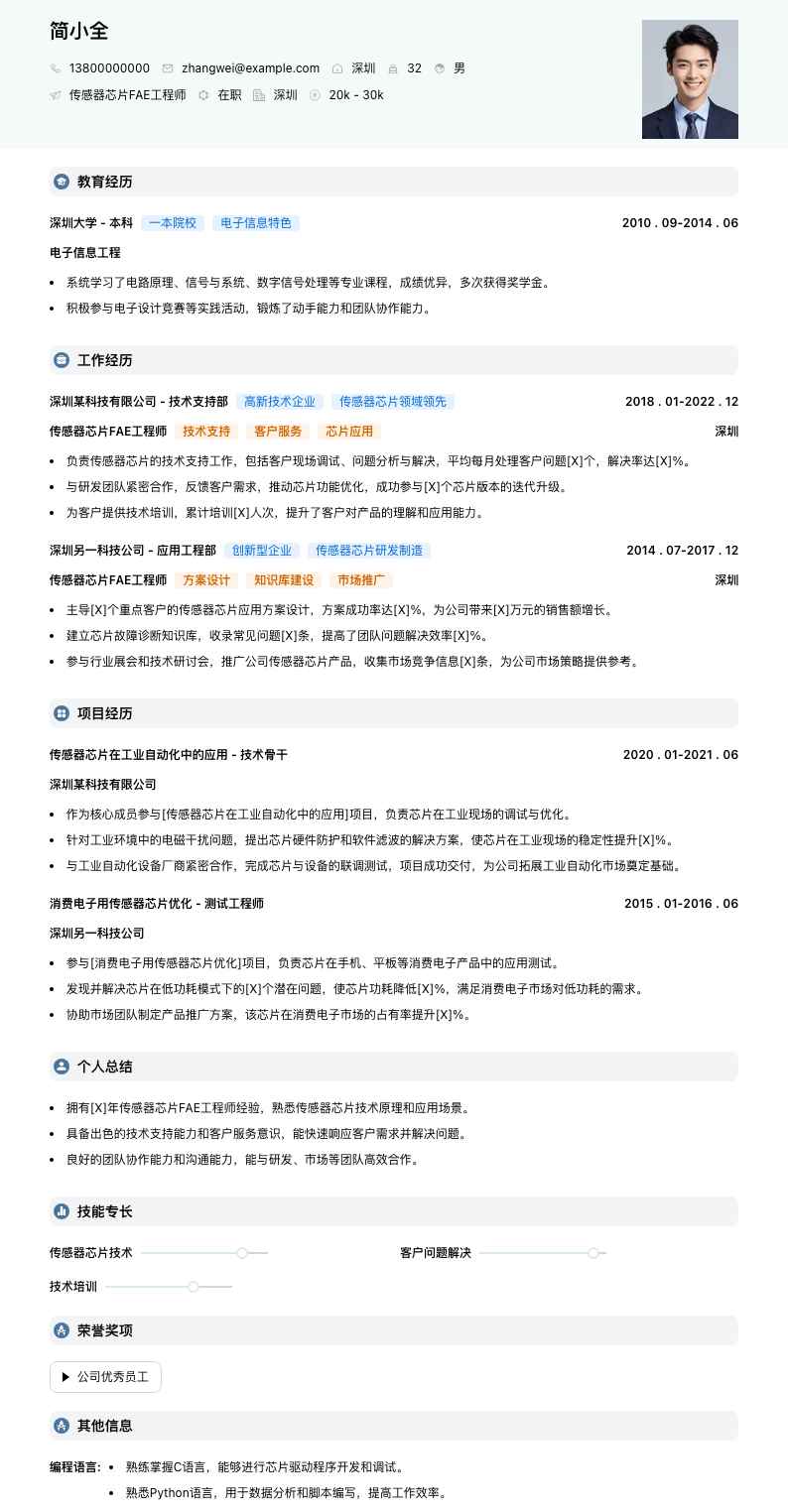 传感器芯片FAE工程师简历模板