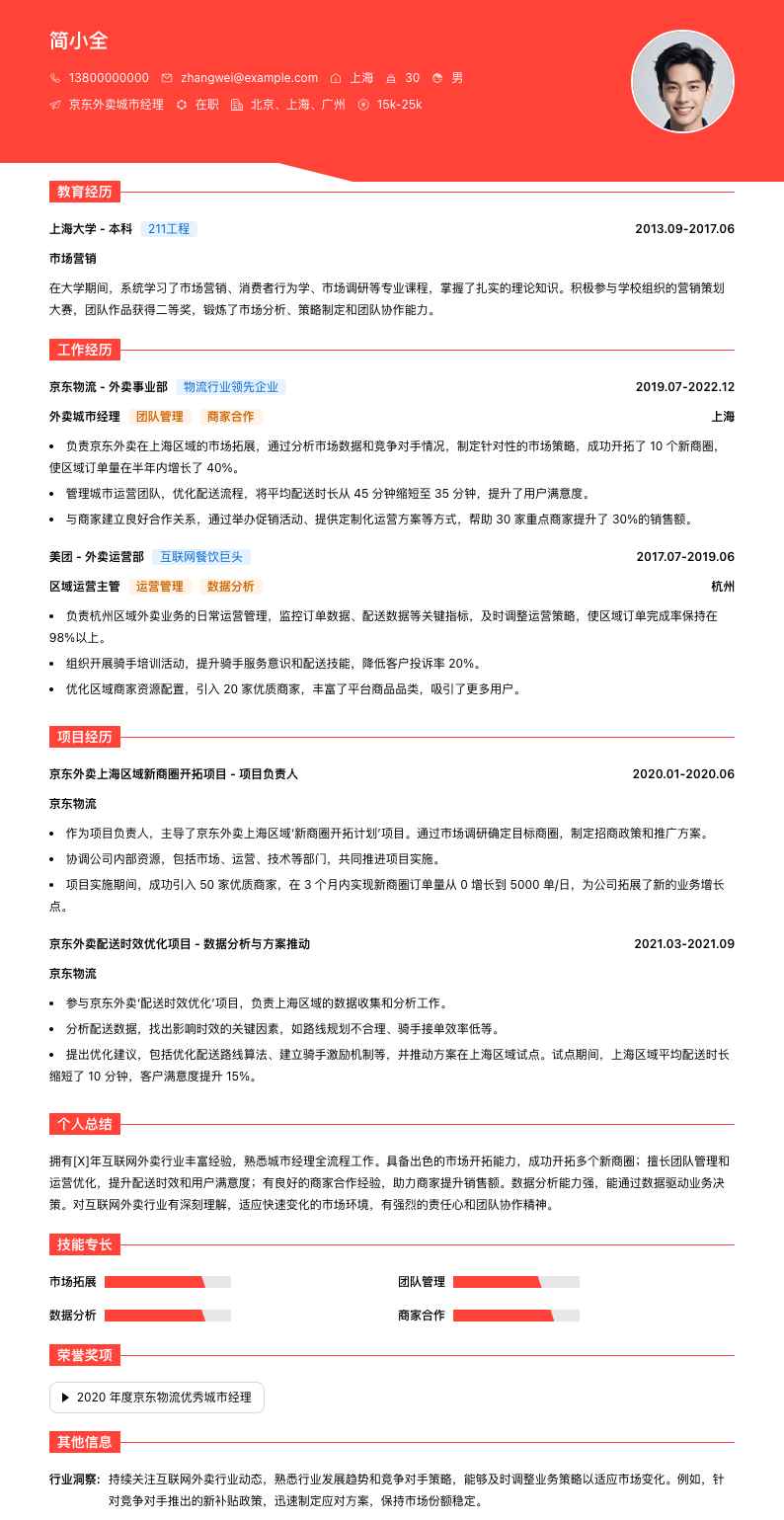 京东外卖城市经理简历模板