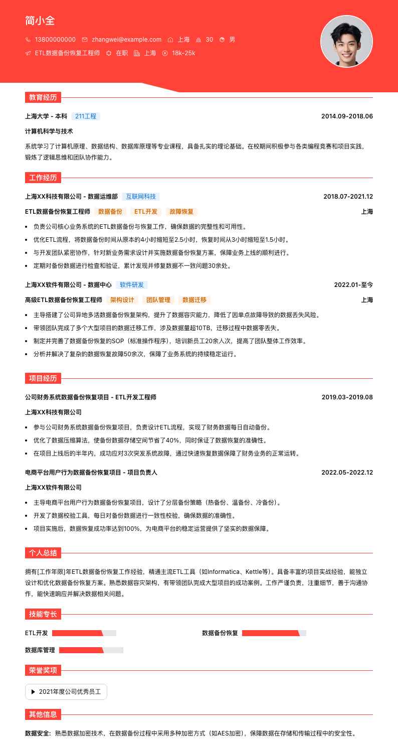 ETL数据备份恢复工程师简历模板